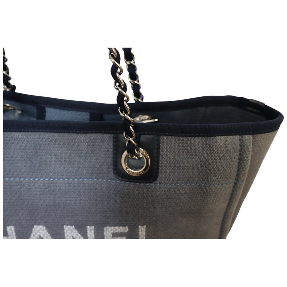 Chanel Deauville Tote Bag Denim Slate Blue Canvas Navy Trim Silver Hardware - Picture 4 of 16